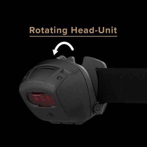 Side view of Quad 4 LED Tactical Headlamp With Focused Wide Beam And Multiple Modes for outdoor use, showing rotating head-unit.