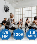 Group exercising in gym with Industrial Grade Wall Mount Fan 20 Inch Black One Sixth Horsepower Three Speed 120 Volt in background