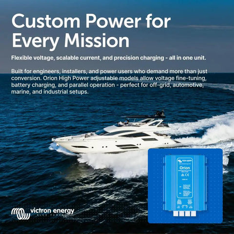 Heavy Duty 10 Amp DC To DC Battery Charger With Plug And Play Remote On Off Switch 12 To 24 Volt Converter For Rv Camper Van Marine Off Grid Builds Smooth Rock Solid Charge mounted on blue background with marine vessel.