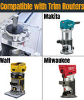Heavy Duty Guide Rail Adapter For Fixed Base Trim Routers Locks Snug To DeWalt Makita Or Milwaukee Tracks displayed with routers.