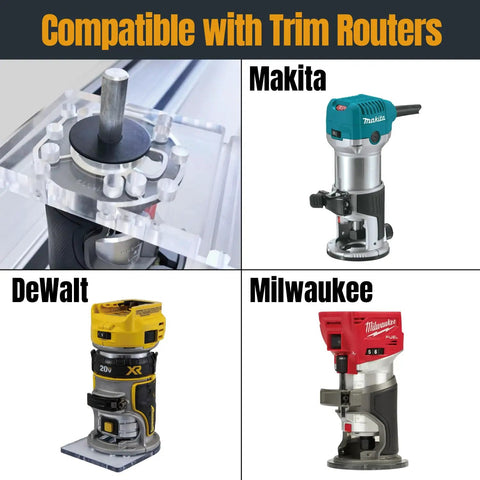 Heavy Duty Guide Rail Adapter For Fixed Base Trim Routers Locks Snug To DeWalt Makita Or Milwaukee Tracks displayed with routers.