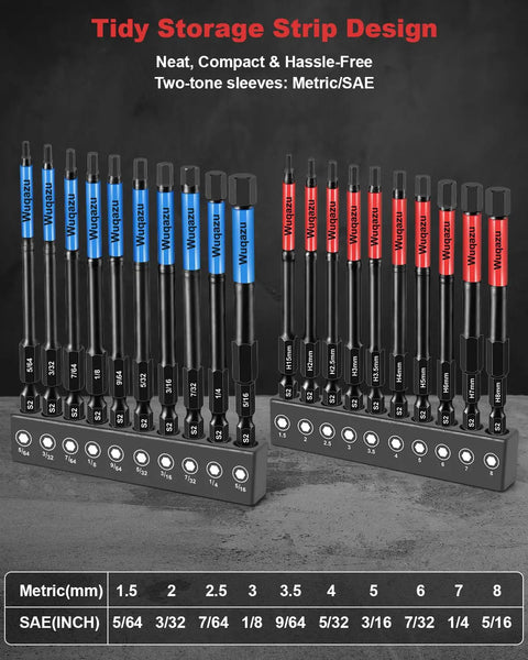 Heavy Duty 20 Piece 4 Inch Hex Bit Set With Metric And SAE Bits, High Torque Impact Allen Bits, Premium S2 Steel 1/4 Inch Hex Shank, Magnetic CNC Tips For Impact Drivers And Drills For Pros And DIYers
