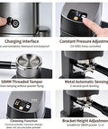 58 Millimeter Automatic Espresso Tamper Featuring Adjustable Depth And Steady Pressure Settings Slash Shot Prep Time And Kill Uneven Extractions Perfect For Fast Paced Coffee Shops And Lazy Sundays At Home, showing charging interface, pressure adjustment, and tamper.