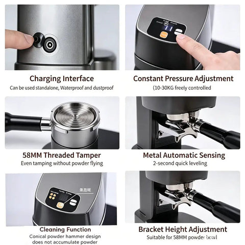 58 Millimeter Automatic Espresso Tamper Featuring Adjustable Depth And Steady Pressure Settings Slash Shot Prep Time And Kill Uneven Extractions Perfect For Fast Paced Coffee Shops And Lazy Sundays At Home, showing charging interface, pressure adjustment, and tamper.