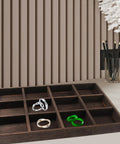 Vintage Rustic Wooden Jewelry Tray 12 Compartment Ring Earring Storage Holder With Solid Wood Build For Bedroom Dresser on desktop.