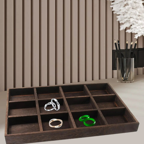 Vintage Rustic Wooden Jewelry Tray 12 Compartment Ring Earring Storage Holder With Solid Wood Build For Bedroom Dresser on desktop.