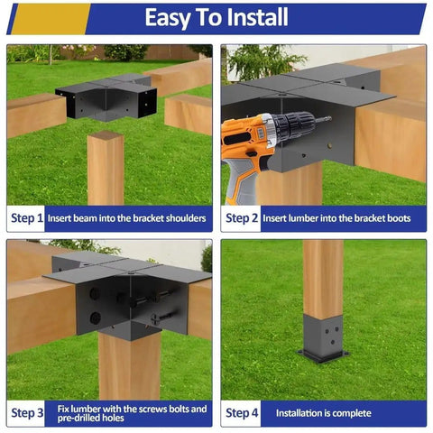 Instructions for installing Beefy Heavy Duty Pergola Brackets Kit For 4x4 Lumber With 3-Way And 4-Way Corner Brackets.