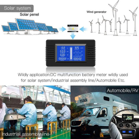 9-In-1 DC Battery Monitor Meter 0-200V 0-100A Range With 12V/24V/48V RV Car Battery, LCD Backlit Display showing various applications including solar systems and vehicles.