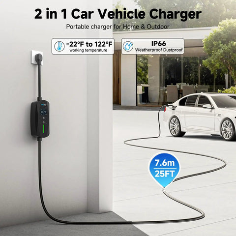 Heavy Duty Level 2 Ev Charger Brings Kickass Charging Juice With 40 Amp Output And Nine Point Six Kilowatt Power For 240 Volt Circuits Featuring SAE J1772 Plug For Quick Overnight Home Charging with 25FT cable.