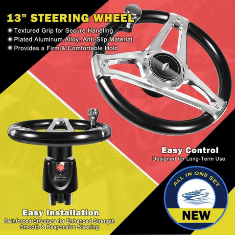 All In One 150HP Outboard Hydraulic Steering Kit With 13 Inch Plated Alloy Steering Wheel, 25 CC Helm Pump, Cylinder, And 26.8 Foot Cuttable Hoses For Yamaha, Honda, Suzuki, Mercury, Bay Boats, Pontoon