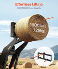 49 Inch Hay Spear Bale Fork With 1600 Lbs Load Capacity For Skid Steer Loader And Tractor Attachments in use, lifting hay bale