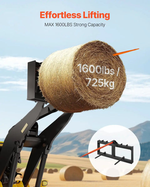 49 Inch Hay Spear Bale Fork With 1600 Lbs Load Capacity For Skid Steer Loader And Tractor Attachments in use, lifting hay bale