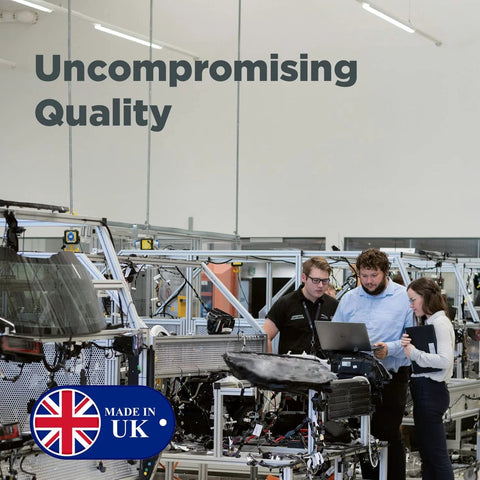 Team working in a manufacturing facility with 'Uncompromising Quality' text and 'Made in UK' label.