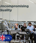 Engineers in UK factory discussing product quality, with 'Uncompromising Quality' text and UK flag badge visible.