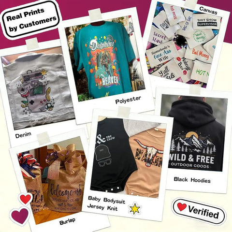 Collage of custom printed textiles including DTF Film Roll 13x328 Ft For Tee Shirts And Textiles showcasing various fabric applications.