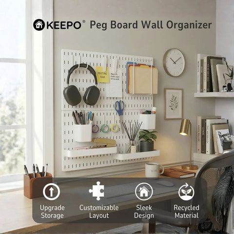 Boss Level Peg Board Wall Organizer With Expanding Plastic Panels For Home Office Storage Craft Room Vibes And Gaming Setup White 22x22 Inches mounted with headphones and pens.