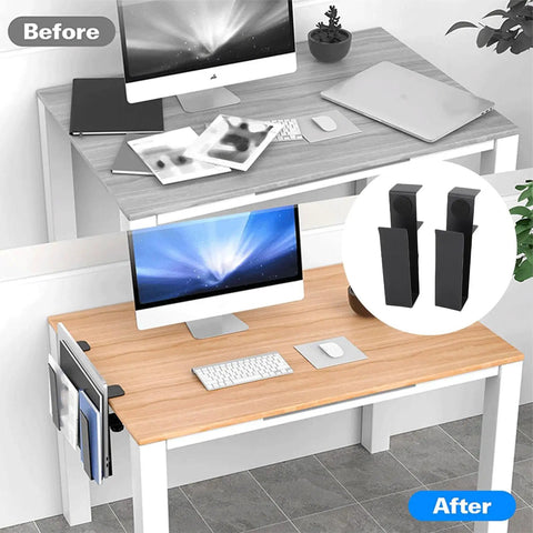 Adjustable Side Laptop Mount That Clamps Straight Up To Your Desk showing before and after workspace organization.