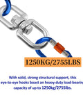 Heavy Duty 2755 Lbs Swivel Eye Bolt Double Eye Swivel 304 Stainless Steel With 12mm Loops 1250Kg Working Load Limit displayed with blue chains