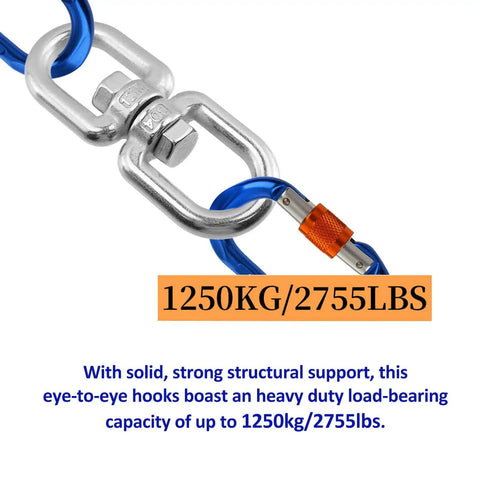 Heavy Duty 2755 Lbs Swivel Eye Bolt Double Eye Swivel 304 Stainless Steel With 12mm Loops 1250Kg Working Load Limit displayed with blue chains
