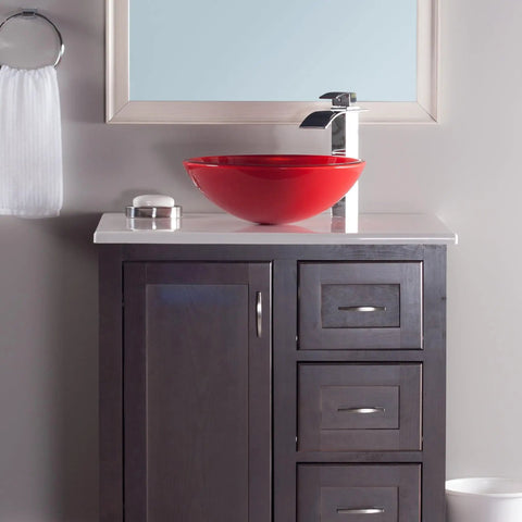 Rosso Double Layer Sleek Red Glass Vessel Sink With Clear Inside And Out Tempered Scratch Resistant And Non Porous Above Counter Mount Standard US Plumbing 16.5 By 5.75 Inches 1.75 Inch Drain Opening on modern vanity