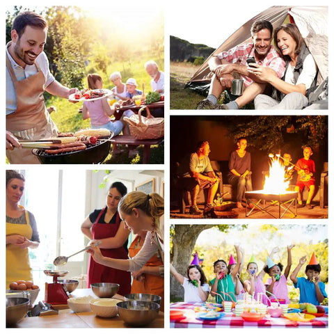 Collage of outdoor barbecue, camping couple, family by campfire, women baking in kitchen, and children's party outdoors.