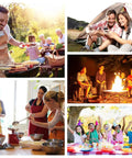 Collage of people enjoying different outdoor and indoor activities including cooking, camping, and celebrating a party.
