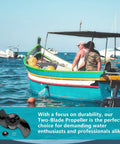 Fishing boat on water with MotorGuide Katana trolling motor, featuring two-blade propeller replacement shown for rough waters.