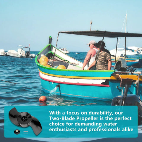 Fishing boat on water with MotorGuide Katana trolling motor, featuring two-blade propeller replacement shown for rough waters.