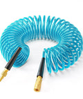 Heavy Duty 1/4 Inch X 25 Foot Blue Coiled Air Hose with Quick Connect Coupler and Auto Retract Design, Polyurethane material.