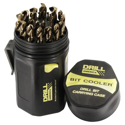 29 Piece M42 Cobalt Drill Bit Set In Round Case For Tough Metals, Sizes 1/16 To 1/2 Inch In 1/64 Inch Increments, Gold Oxide Finish For Lubrication And Wear Resistance, Round Shanks, D ACO Series, Great For Stainless Steel Inconel And Titanium