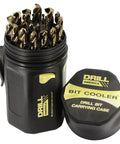 Hard As Nails M35 Five Percent Cobalt Drill Bit Set One Millimeter To Thirteen Millimeter Range For Metal Wood And Plastic With Gold Oxide Coating In A Sturdy Round Case For A Smooth Operator Experience On Any Project in black carrying case with gold accents.