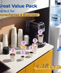 100 Pack 4 Oz Disposable Coffee Cups With Lids For Travel And Office Leak Proof To Go Paper Cups shown among other sizes on table.