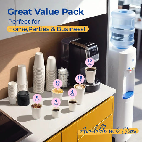 100 Pack 4 Oz Disposable Coffee Cups With Lids For Travel And Office Leak Proof To Go Paper Cups shown among other sizes on table.