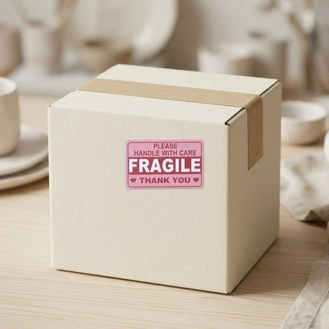 Hot Pink Fragile Stickers For Shipping Do Not Bend Do Not Crush Handle With Care Labels Pack Of 500 on a cardboard box