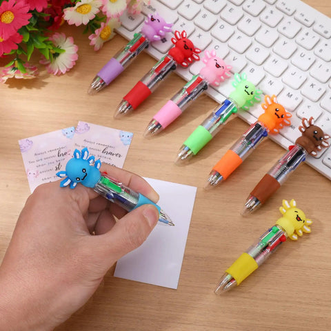 24 Color Beadable Ballpoint Pens Set With 4 In 1 Ink Switch on desk, playful animal-themed tops, keyboard, note cards, colorful design