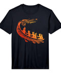 Outrigger Canoe Hawaiian Tribal Graphic Tee With Polynesian Maori Art Classic Hawaii Vibe For Canoe Lovers And Island Style Enthusiasts Mens Casual Tee featuring vibrant canoe motif on black fabric.