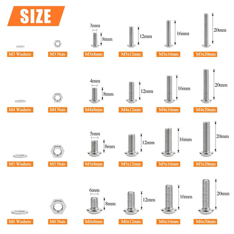 Assorted M3–M6 stainless steel button head socket cap screws with washers and nuts, 810-piece kit with hex wrenches
