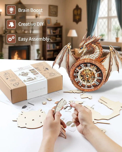 Epic 3D Dragon Clock Kit For Adults With Pendulum Wooden Puzzle Wall Decor Realistic Dragon King Theme Removable Pendulum And Hour Hand Perfect Gift For Men And Women Who Dig Puzzles And Home Decor. hands assembling eco Linden wood dragon clock kit