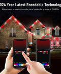 Outdoor C9 Christmas Lights 134 Feet 150 LED, App Controlled, adorn a house roofline with red and white colors at night.