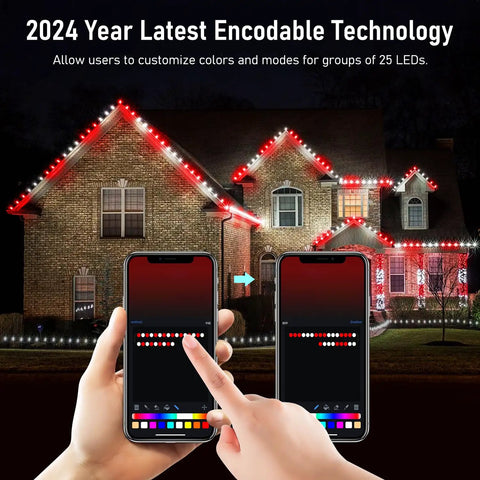 Outdoor C9 Christmas Lights 134 Feet 150 LED, App Controlled, adorn a house roofline with red and white colors at night.