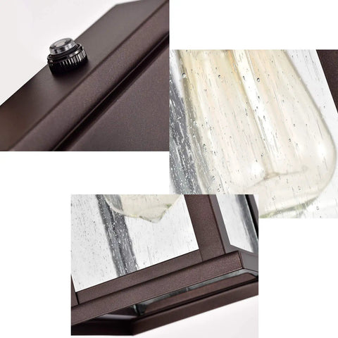 Close-up of Dusk To Dawn Outdoor Wall Light With Seedy Glass In Vintage Farmhouse Bronze Finish 12.25 Inch Sconce.