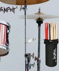 Ultimate Drumstick Bag Holder For 14 Pairs With Metal Rod Extension and Heavy Duty 1200D Water Repellent Case for mallets and brushes on a drum set.