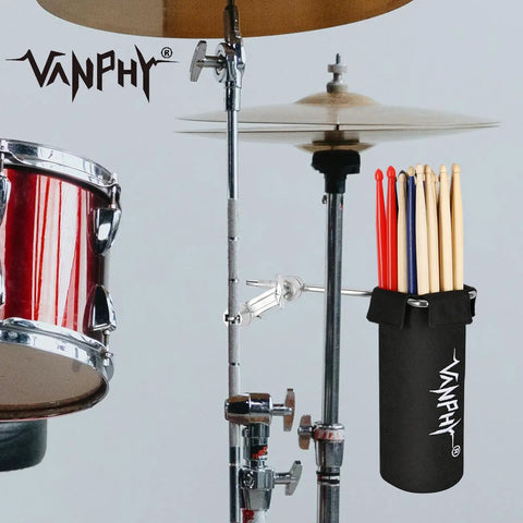 Ultimate Drumstick Bag Holder For 14 Pairs With Metal Rod Extension and Heavy Duty 1200D Water Repellent Case for mallets and brushes on a drum set.