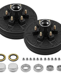 Complete 12 Inch Trailer Brake Drum Kit Includes Heavy Duty Bearings And Rock Solid Grease Caps Fits 6 Lugs On 5.5 Inch Pattern for 5200 to 6000 lb axles Road Warrior RV Hauler parts laid out, including brake drums and bearings.