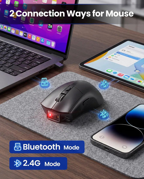 2-In-1 Wireless Mouse And Barcode Scanner With Bluetooth QR Code Reader on desk near laptop and smartphone
