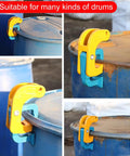 Heavy Duty Drum Lifter Clamp For Forklifts And Job Site Cranes Featuring Carbon Steel Chain With Widened Self Locking Hook grasping a blue barrel.