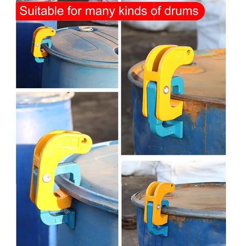 Heavy Duty Drum Lifter Clamp For Forklifts And Job Site Cranes Featuring Carbon Steel Chain With Widened Self Locking Hook grasping a blue barrel.