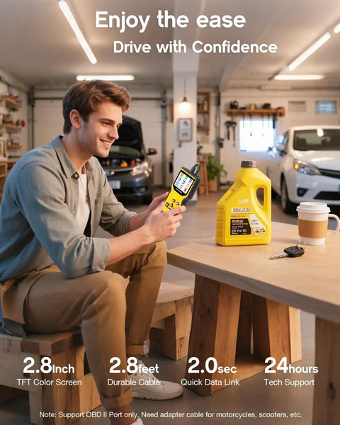 Man using All In One OBD2 Scanner Code Reader Plug And Play With Battery Tester Check Engine Light Diagnostic Tool