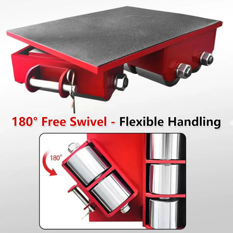 Heavy Duty Industrial Machinery Mover Featuring 180 Degree Rotating Machine Moving Skates with rubber deck and steel rollers.