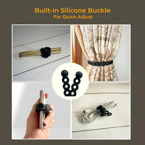 Modular Straps 4 Pack Reusable Multi Purpose Gear Straps For EDC Outdoors Travel Camping And More Flexible Silicone Straps For Luggage Car Racks Bikes And Everyday Gear Organization shown in multiple uses including on a handrail, curtain, and cables.